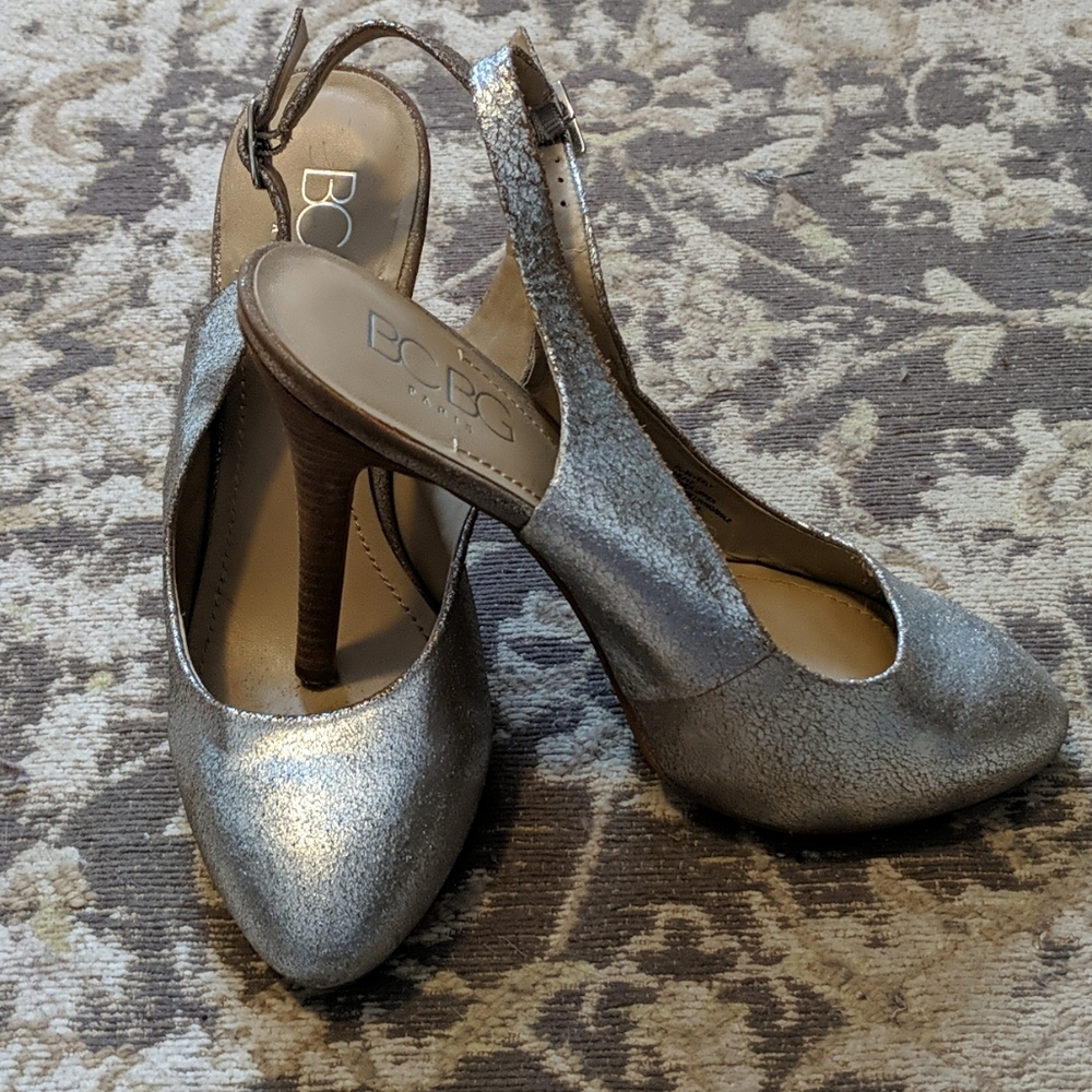 Silver platform heel slingbacks